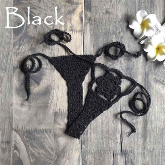 Rose Red Hand crochet Flower Kini. Micro Bikini Bottom Micro Bikini, Thong - Picture 8 of 9